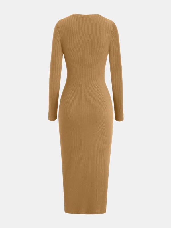 YOZY [2 colors] Textured Button Front Dress, Elegant V Neck Long Sleeve Bodycon Midi Dress, 2024 Women's Daily Office Business Wear for Spring & Fall