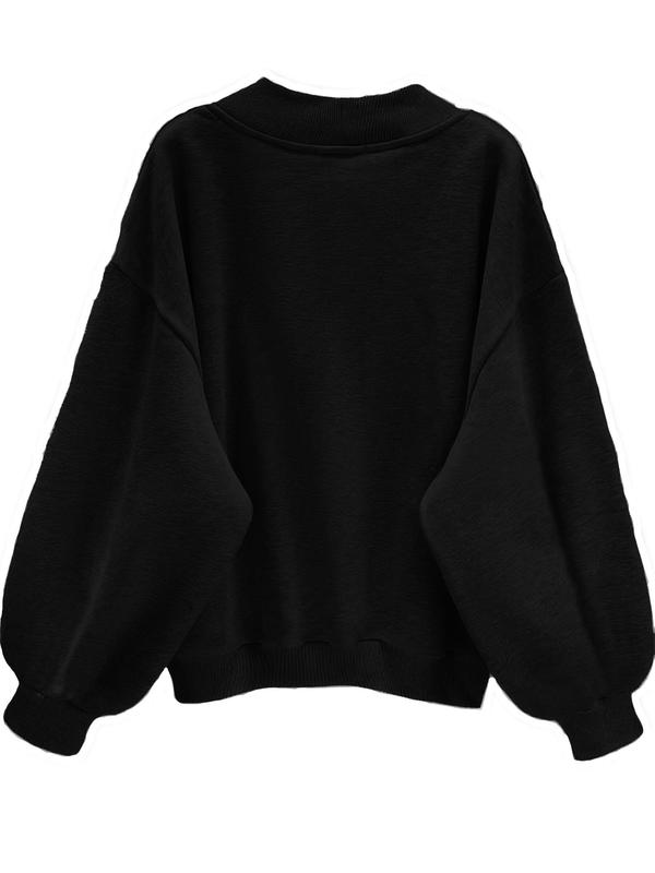  Solid Color Drop Shoulder Sweatshirt, Casual Long Sleeve V Neck Pullover for Fall & Winter, Women's Clothing for Daily Wear