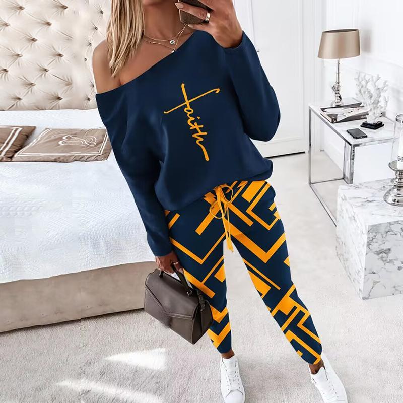 ChicMe Women's 2 Piece Outfit Nope Not Today Print Skew Neck Long Sleeve Pullover Top with Stretchy Waist Long Pants Tracksuit Jogger Set Casual Fabric Womenswear Casual Wear Comfortable Drawstring Comfort Lady Overalls Trouser Round Neck