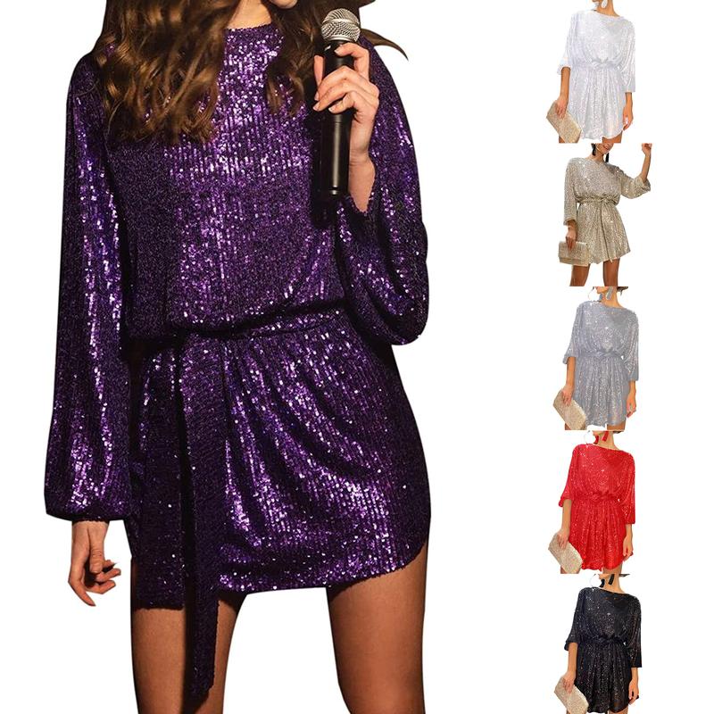 Women´s Sequin Party Dress, Sparkle Long Sleeve Round Neck Short Cocktail Dress with Belt Womenswear