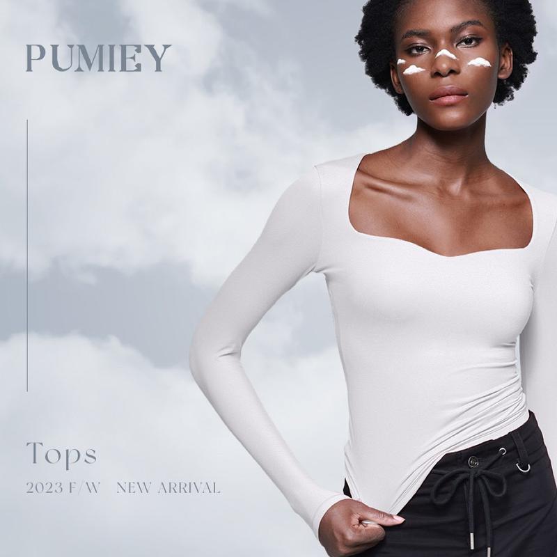 PUMIEY Women's Long Sleeve T Shirts Sweetheart Neck - Slim Fit Going Out Tops Fabric Womenswear Lady Comfort Longsleeves