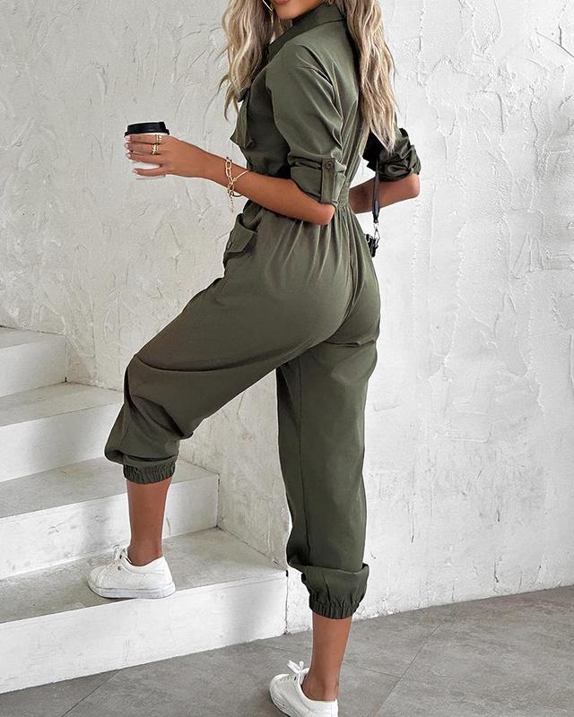 Chicme Roll Up Sleeve Pocket Design Shirred Buckled Cargo Jumpsuit Casual Collar Comfort Womenswear