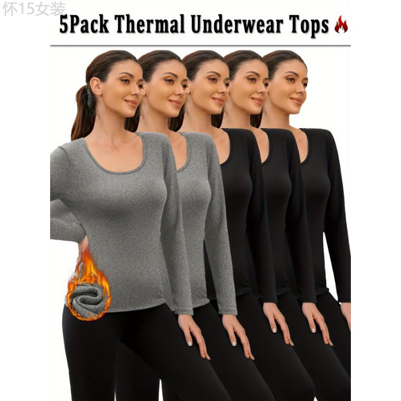 5-Pack Thermal Underwear Tops for Women - Super Soft Fleece, Long Sleeve, High Stretch Polyester Knit Fabric, Solid Color Base Layer for Cold Weather Womenswear Spandex Comfort Basic Minimalist