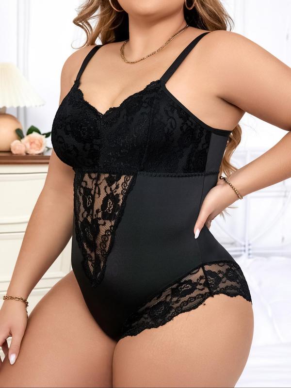  Contrast Lace Sheer Button Closure Crotch Shapewear Bodysuit, Fashion Stretchy Tummy Control One-Piece Shaper, Women's Shapewear for Daily Wear