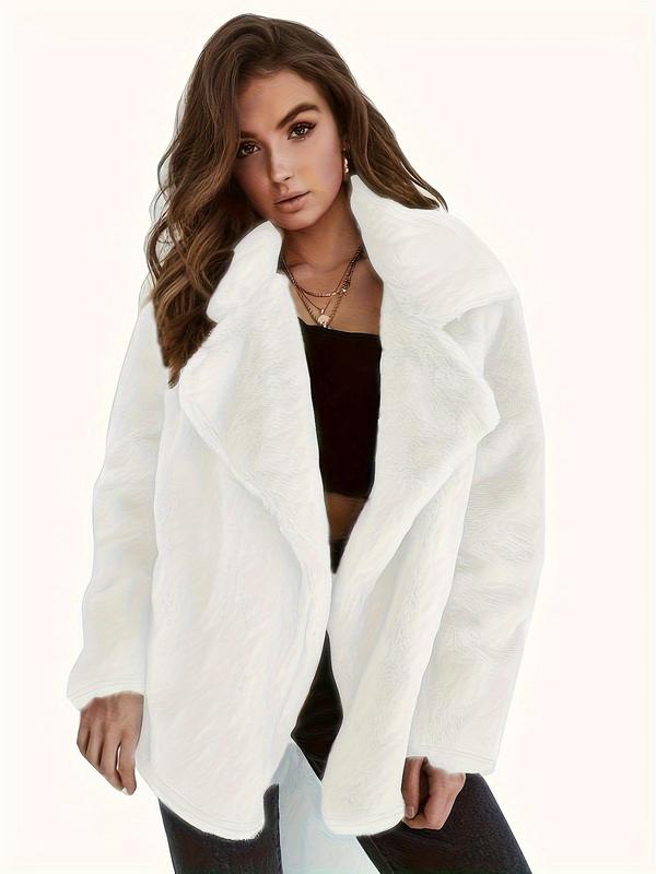 Women's Solid Color Waterfall Collar Coat, Casual Long Sleeve Fuzzy Coat for Fall & Winter, Women's Clothing for Daily Wear