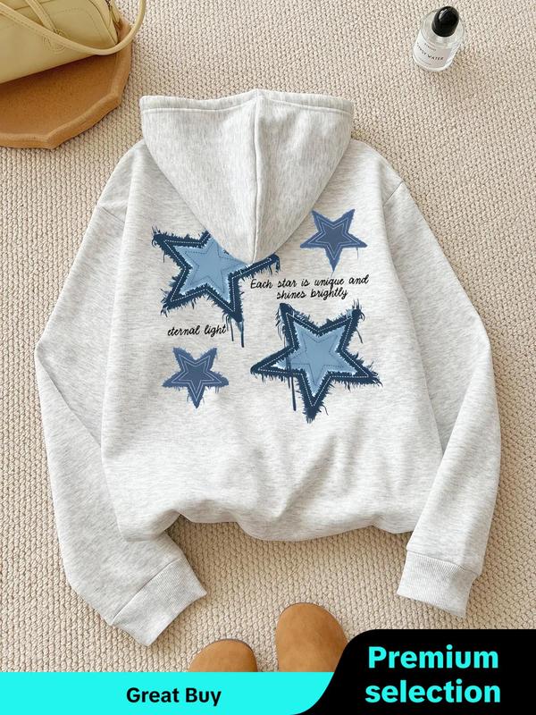 Women's Star & Letter Print Drop Shoulder Thermal Lined Hoodie, Fashion Casual Drawstring Pocket Hooded Sweatshirt for Daily Holiday Outdoor Wear, Women Clothing for Fall & Winter