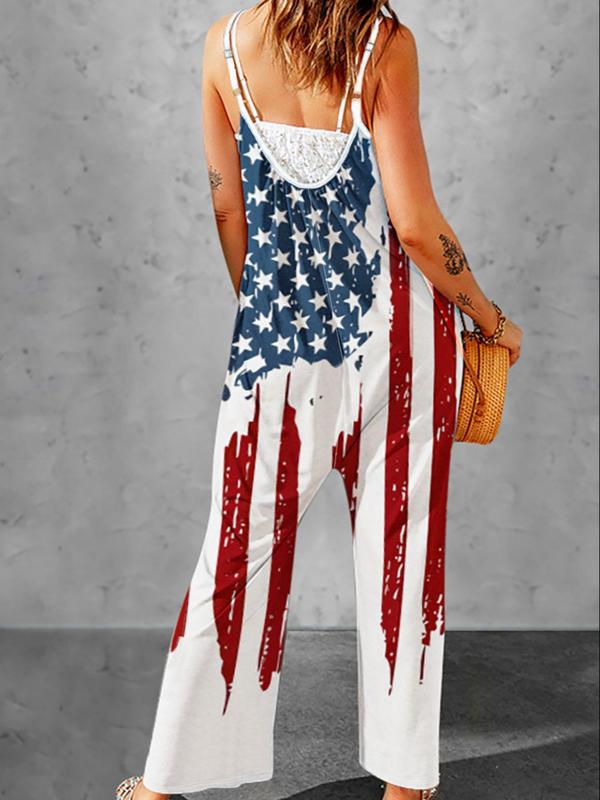 Women's 4th Of July Flag Print Sleeveless Cami Jumpsuit, Lady Casual Comfy Adjustable Spaghetti Strap Pocket Overalls, Jumpsuit for Women, Comfort Sleeveless Onesies, Ladies Summer Clothes for Daily Wear Back To School, Womenswear