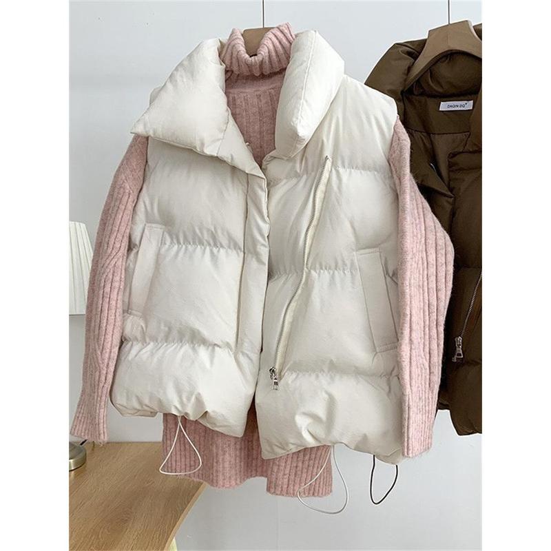 down Cotton Vest Women's Autumn and Winter New Korean Style Loose Waistcoat Solid Color Outerwear Vest All-Matching Vest Cardigan Womenswear Tops Minimalist High Neck Basic Comfort