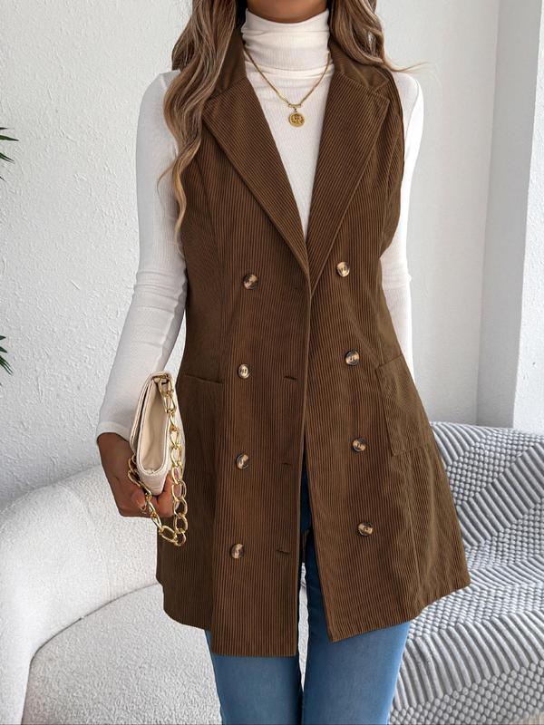 Women's Solid Double Button Pocket Corduroy Vest Coat, Casual Lapel Neck Sleeveless Outerwear for Spring & Fall, Ladies Clothes for Daily Wear