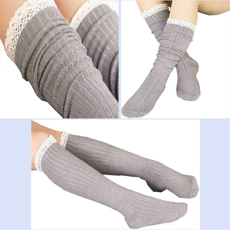 4 Pack Women Cotton Knit Boot Socks Knee High Socks Stockings with Lace Trim, Free Size, Beige Black Coffee Green