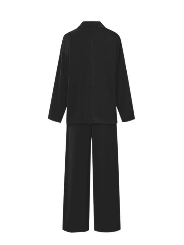 Two-piece Set Women's Solid Button Lapel Neck Blazer & Pocket Wide Leg Pants, Elegant Fashion Casual Outfits for Work Office Business, Ladies Spring & Fall  Clothes