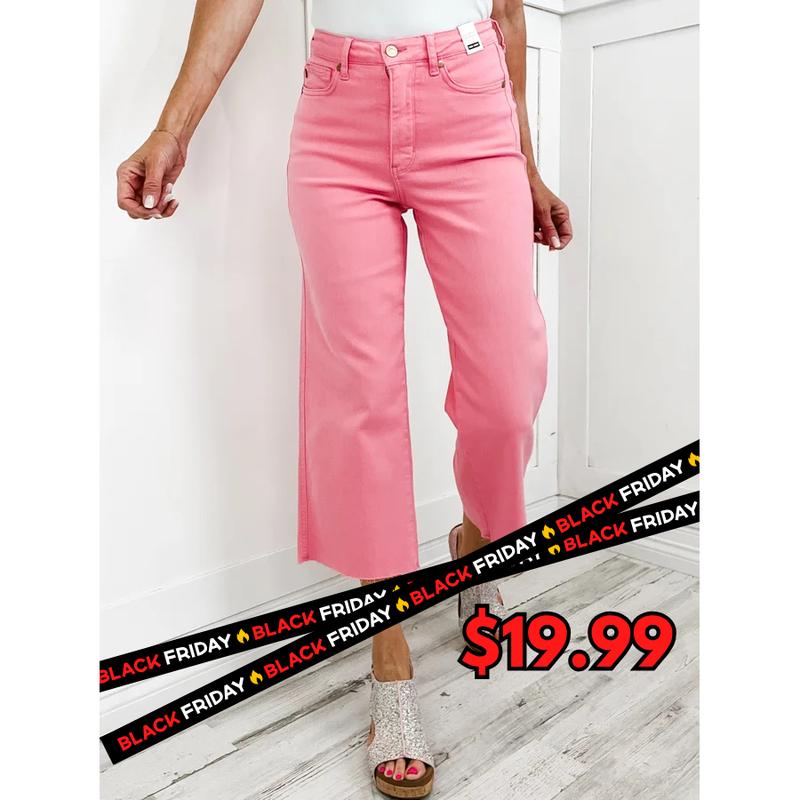 Judy Blue SHELBY Hi-Rise Tummy Control PINK Wide Leg Cropped Jeans