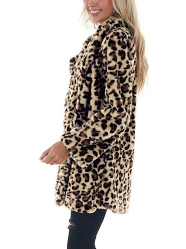 Women's Leopard Print Pocket Lapel Fuzzy Jacket, Casual Long Sleeve Thermal Outerwear for Fall & Winter, Women's Clothing for Daily Wear