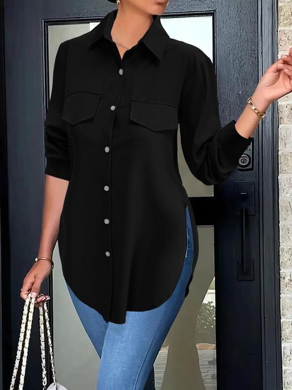 Women's Plain Button Front Pocket Shirt, Casual Long Sleeve Collared Top for Daily Wear, Shirts for Women, Ladies Clothes for All Seasons