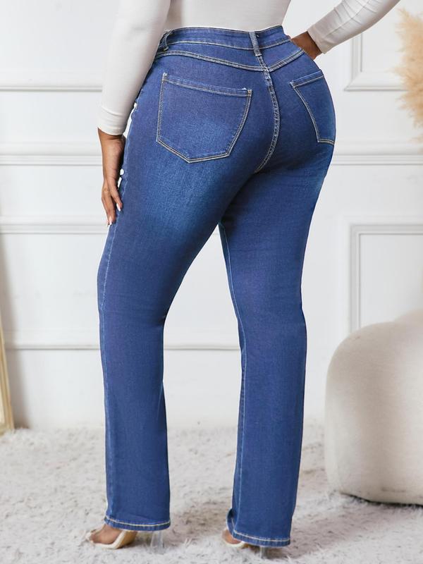  Solid Color Pocket Button Fly Denim Jeans, Casual Comfy Jeans for Daily Wear, Women's Bottoms for All Seasons