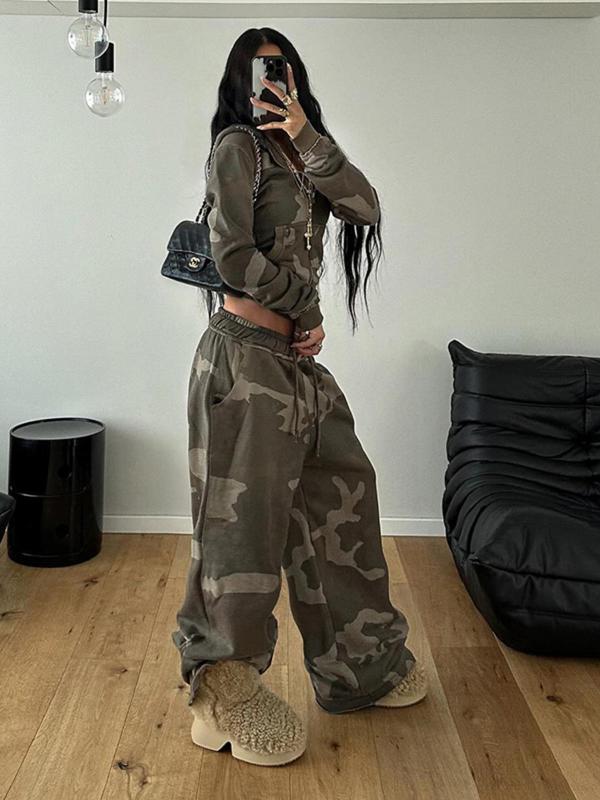 Women's Camo Print Zip Up Crop Jacket & Elastic Waist Pants Two-piece Set, Casual Long Sleeve Hooded Top & Pocket Trousers for Daily Wear, Ladies Fall & Winter Clothes