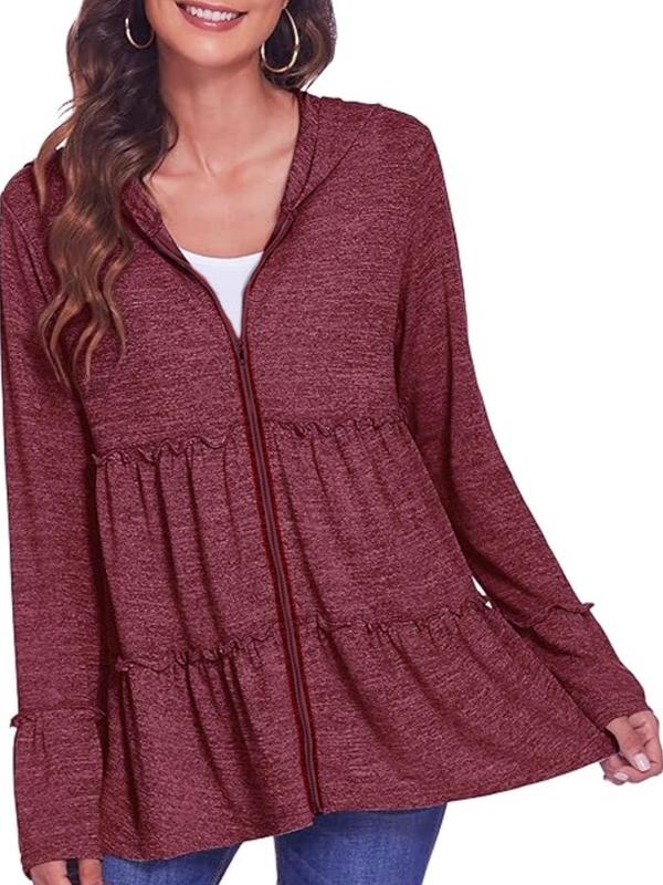 Plus Size Solid Ruffle Hem Frill Trim Zip Up Hooded Coat, Casual Long Sleeve Outerwear for Spring & Fall, Women's Clothes for Daily Wear, Gift Set, Winter Clothes Women