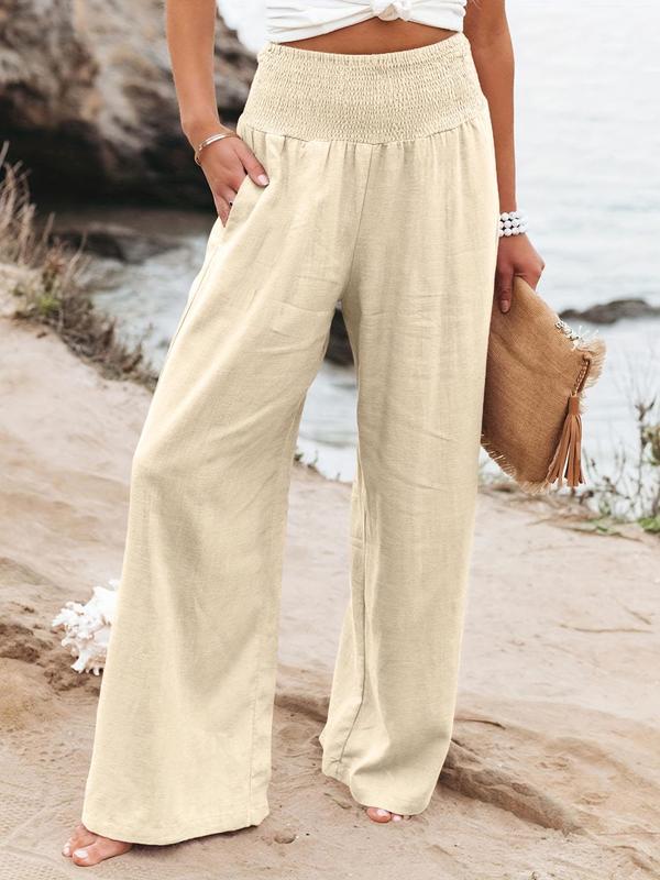 Women's Plain Pocket Shirred Wide Leg Pants, Casual Elastic Waist Trousers for Beach Vacation Holiday, Ladies Bottoms for All Seasons