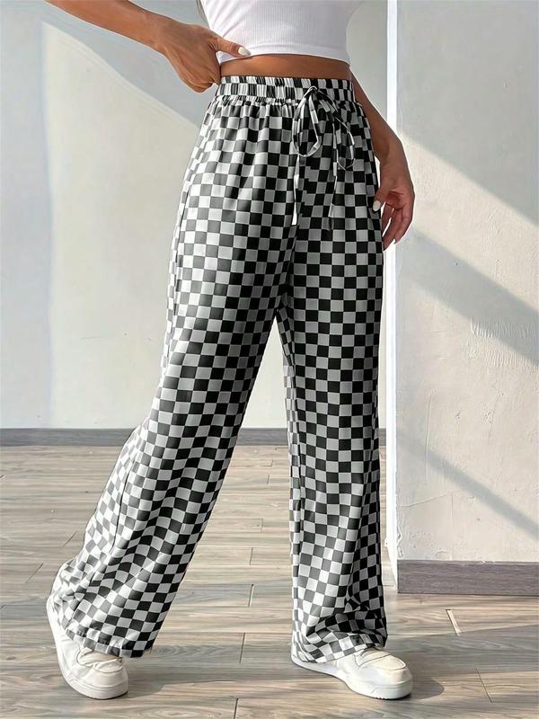 Women's Plaid Print Drawstring Waist Straight Leg Pants, Casual Loose Pocket Trousers for Daily Wear, Ladies Bottoms for Fall & Winter, Downtown Girl Clothes, Preppy 80s Clothes