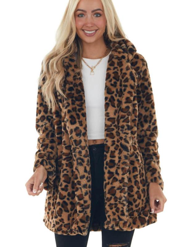 Women's Leopard Print Pocket Lapel Fuzzy Jacket, Casual Long Sleeve Thermal Outerwear for Fall & Winter, Women's Clothing for Daily Wear