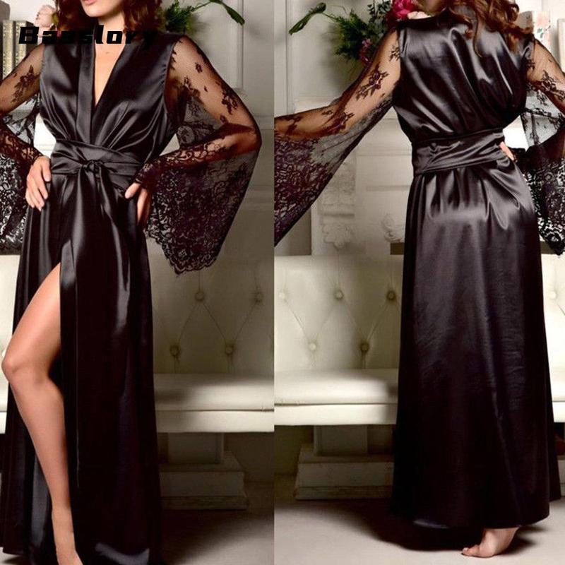 Women's Lace Casual Robe, Sexy V-neck Pajamas, Long See Through Sleeve Nightwear Long Sleeve Elegant