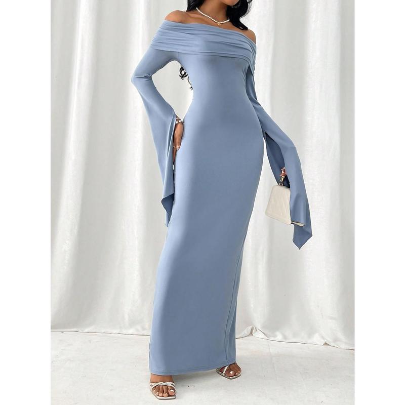 Women's Off-The-Shoulder Pleated Long Sleeve Maxi Dress With Split Hem One Shoulder Women's One Fit Formal