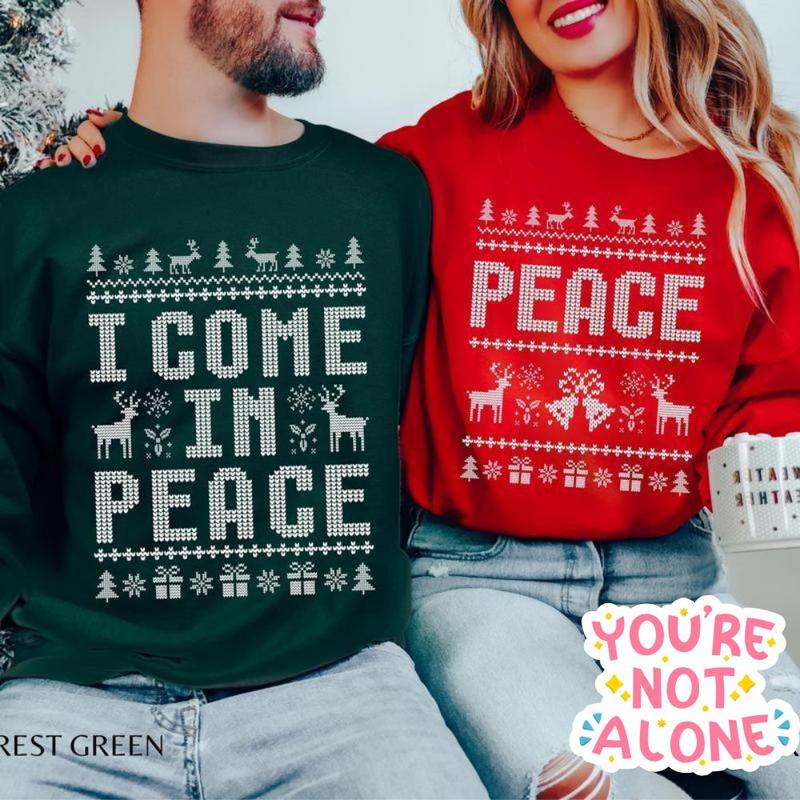 I Come in Peace Sweatshirts, Matching Couples Ugly Christmas Sweatshirts , Funny Couple Ugly Christmas Pullover Tops Cotton Crewneck Womenswear