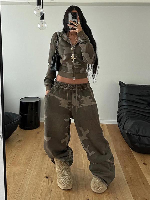 Women's Camo Print Zip Up Crop Jacket & Elastic Waist Pants Two-piece Set, Casual Long Sleeve Hooded Top & Pocket Trousers for Daily Wear, Ladies Fall & Winter Clothes