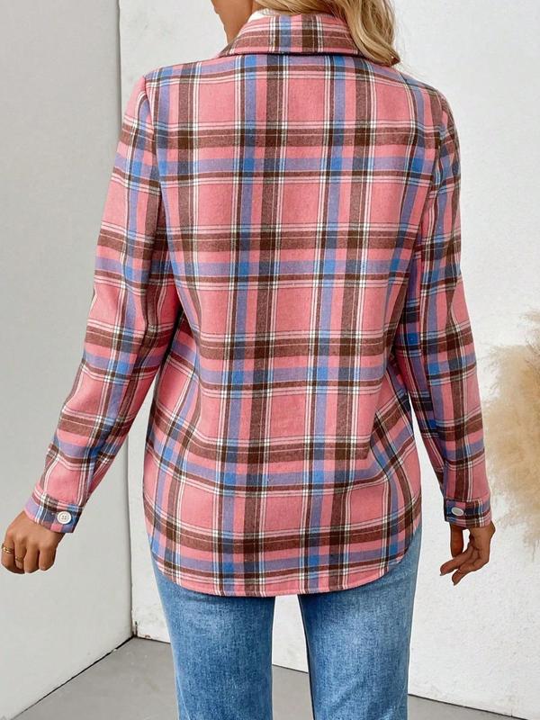 Women's Plaid Print Button Front Flap Pocket Shirt Jacket, Casual Long Sleeve Collared Outerwear for Fall & Winter, Ladies Clothes for Daily Wear