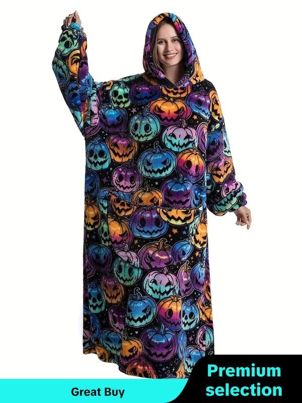 Plus Size Halloween Pumpkin & Cartoon Print Plush Hooded Nightwear Lounge Robe, Fluffy Pajamas, Casual Pocket Long Sleeve Loungewear, Halloween Pajamas, Christmas Pajamas, Plus Size Clothing, Lady Sleepwear for Fall & Winter