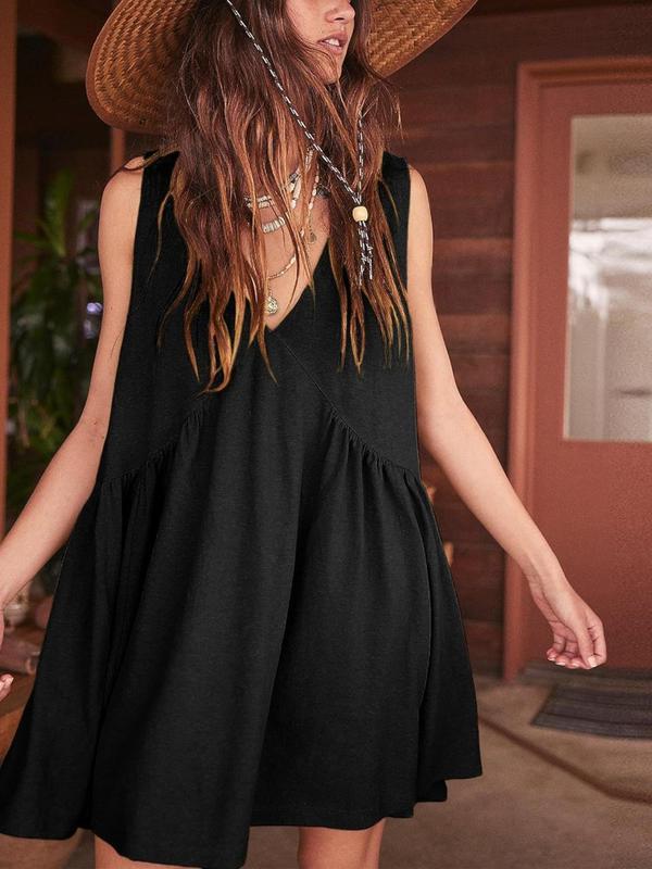 Women's Plain V Neck Pocket Design Tank Dress, Casual Womenswear, Sleeveless Short Dress, Summer Dresses 2024 for Ladies, Back to School Outfits, Dress in Club, Dresses for Women, Women's Summer Outfits 2024, Ladies Summer Clothes for Daily Wear