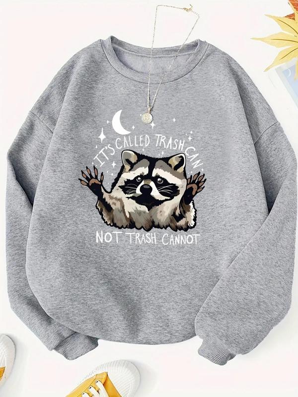 Women's Letter & Raccoon Print Drop Shoulder Sweatshirt, Casual Long Sleeve Round Neck Pullover for Fall & Winter, Ladies Clothes for Daily Wear