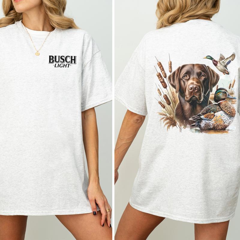 Busch Light Dog Friend Graphic 2 Sided Shirt, Vintage Mallard Hunting Tshirt, Outdoors Dog Hunting Duck T-shirt, Drink Shirt, Summer Hunt Printed Tee, Cotton Casual Womenswear, Comfort Women's Top