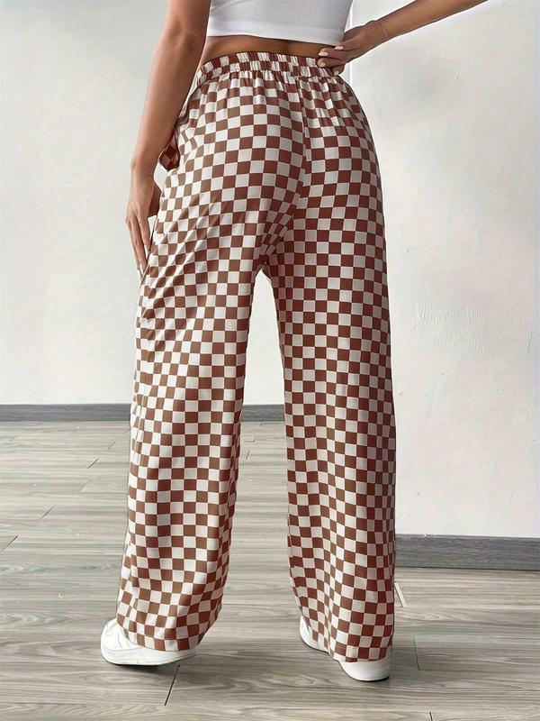 Women's Plaid Print Drawstring Waist Straight Leg Pants, Casual Loose Pocket Trousers for Daily Wear, Ladies Bottoms for Fall & Winter, Downtown Girl Clothes, Preppy 80s Clothes