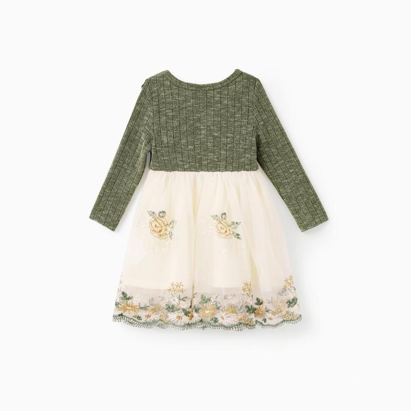 PatPat Family Matching Sets Green Long Sleeves Shirt or Ribbed Off-Shoulder Embroidered Tulle Dress