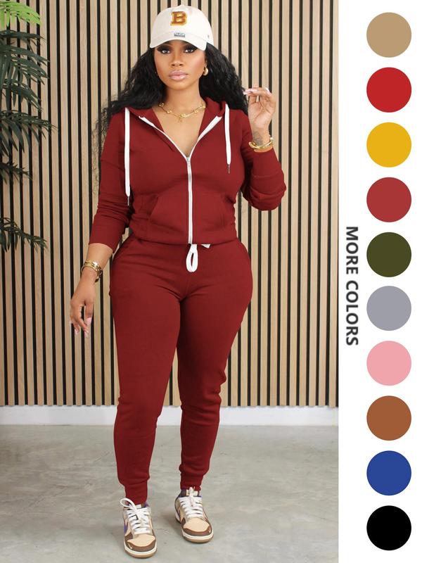 Two-Piece Set Women's Solid Zip Up Hoodie & Drawstring Waist Pants, Casual Long Sleeve Hooded Sweatshirts & Pocket Trousers for Spring & Fall, Women's Clothes for Daily Wear, Sweatsuit Set Outfit, Fall Outfits for Women