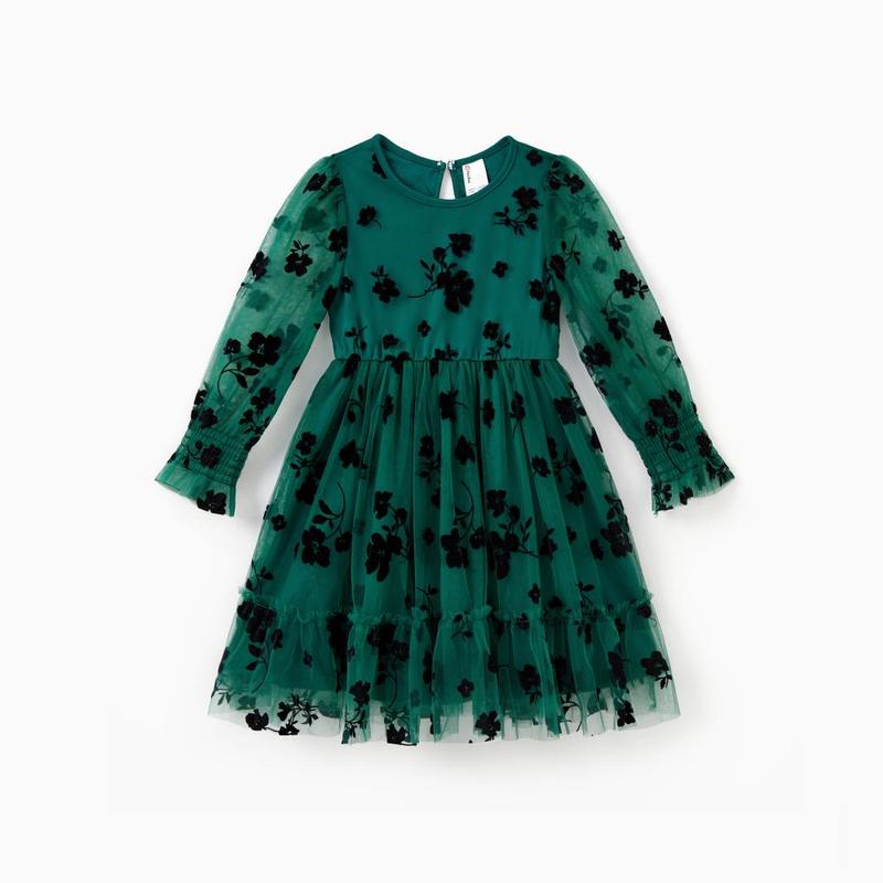 PatPat Mommy and Me Green Long Sleeves Embroidered Tulle Dress with Hidden Snap Button