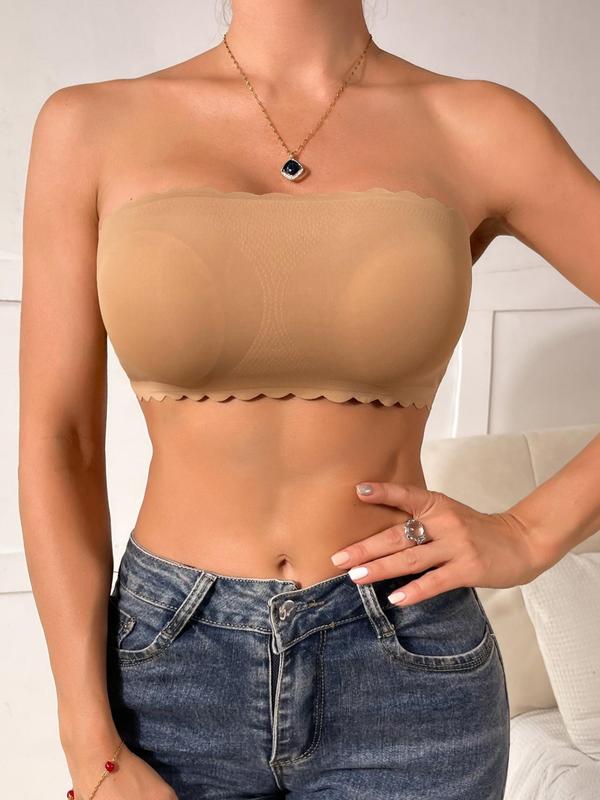 Women's Plain Scallop Trim Padded Bandeau Bra, Push Up Bra, Strapless Bra, Comfort Cozy Casual Comfy Seamless Lingerie Top for Daily Wear, Women's Underwear for All Seasons