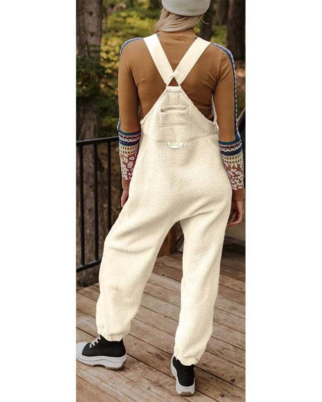 Fleece Overalls for Women Loose Fit Casual Adjustable Strap Bib Jumpsuits With Pockets