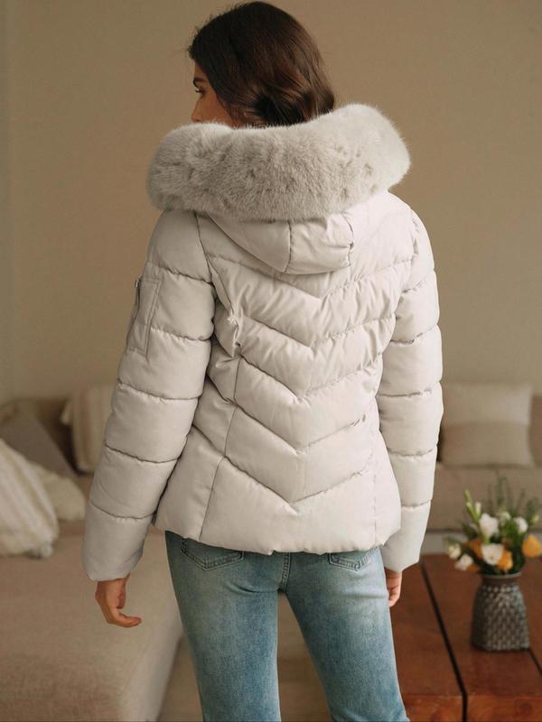 Women's Solid Color Pocket Contrast Faux Fur Hooded Quilted Jacket, Casual Long Sleeve Zip Up Outerwear for Fall & Winter, Ladies Clothes for Daily Wear, Winter Clothes Women, Puffer Jacket