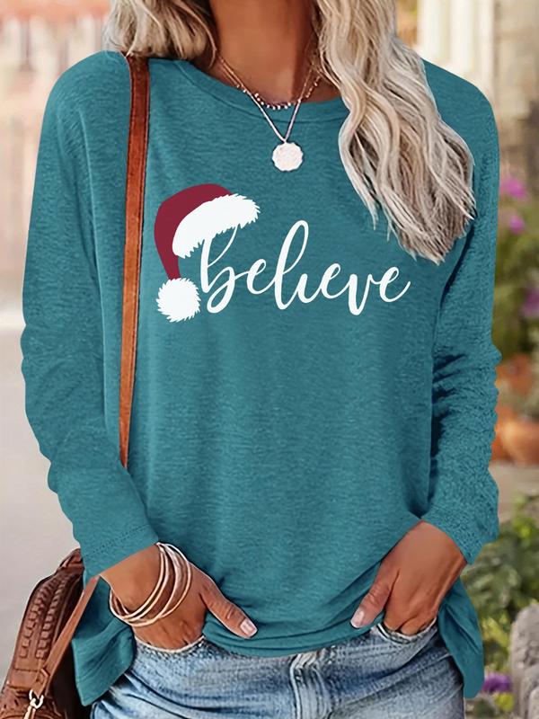 Women's Christmas Letter Print Drop Shoulder Tee, Casual Long Sleeve Round Neck Pullover for Fall & Winter, Ladies Clothes for Daily Wear