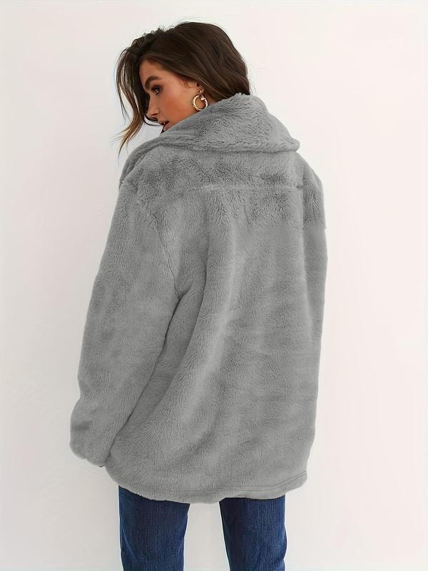 Women's Solid Color Waterfall Collar Coat, Casual Long Sleeve Fuzzy Coat for Fall & Winter, Women's Clothing for Daily Wear