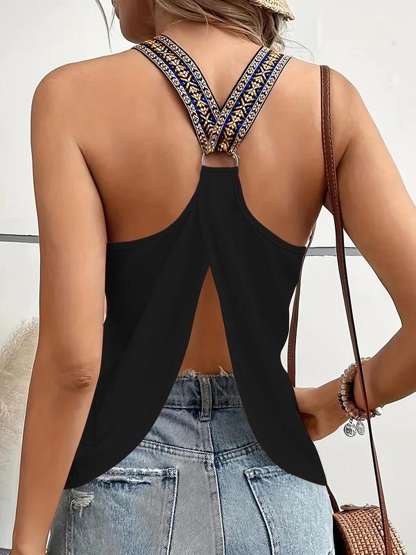 Women's Plain Patchwork Ring Linked Backless Split Hem Tank Top, Casual Sleeveless Top for Summer, Ladies Clothes for Daily Wear