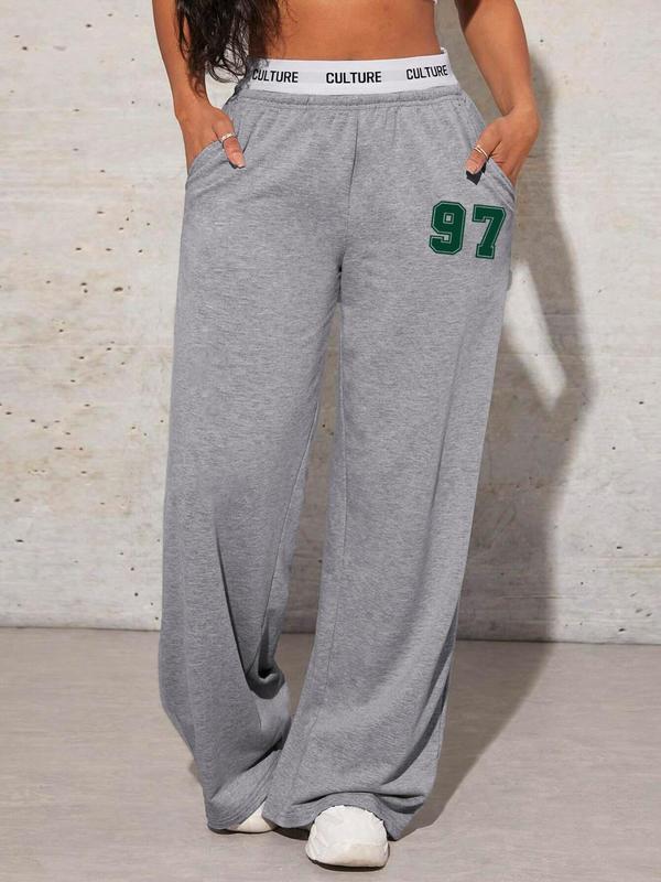 Women's Letter Print High Waist Sweatpants, Casual Y2K Pocket Wide Leg Tape Waist Trousers for Daily Wear, Ladies Bottoms for All Seasons, Downtown Girl Clothes