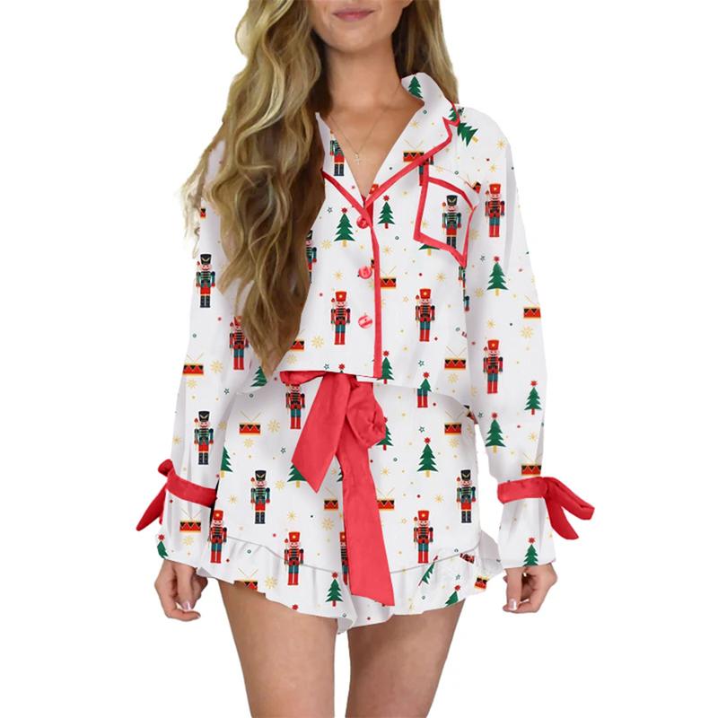 Women Christmas Pajamas Set 2 Pieces Loungewear Suits Bow Cartoon Plaid Print Long Sleeve Shirts Tops Shorts Sleepwear Outfits