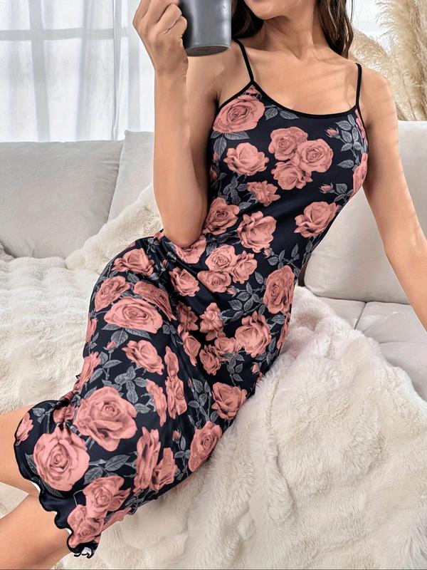 Women's Floral Print Lettuce Trim Cami Nightdress, Casual Soft Comfy Spaghetti Strap Nightgown for All Seasons, Lady's Sleepwear for Indoor Wear