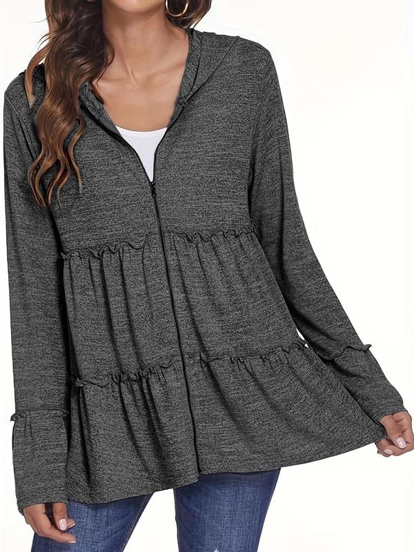 Plus Size Solid Ruffle Hem Frill Trim Zip Up Hooded Coat, Casual Long Sleeve Outerwear for Spring & Fall, Women's Clothes for Daily Wear, Gift Set, Winter Clothes Women