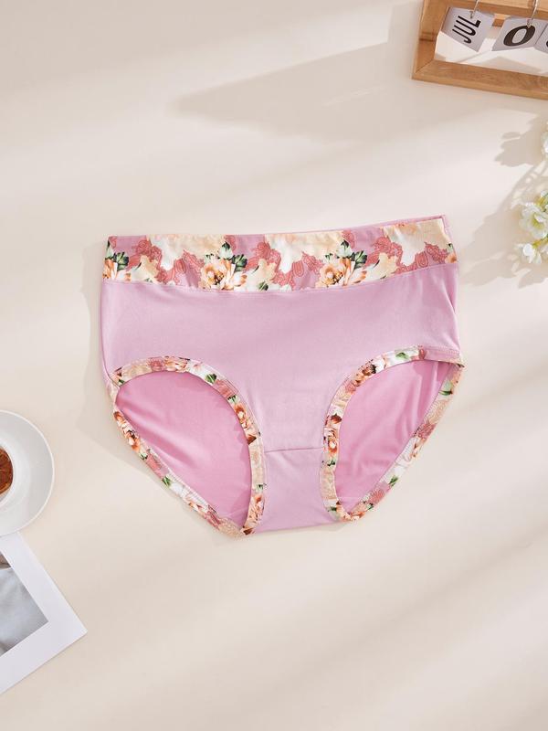 patchwork Floral Print High Waist Knicker, Soft Comfy Breathable Panties for Daily Wear, Lingerie for Women, Women's Underwear for All Seasons