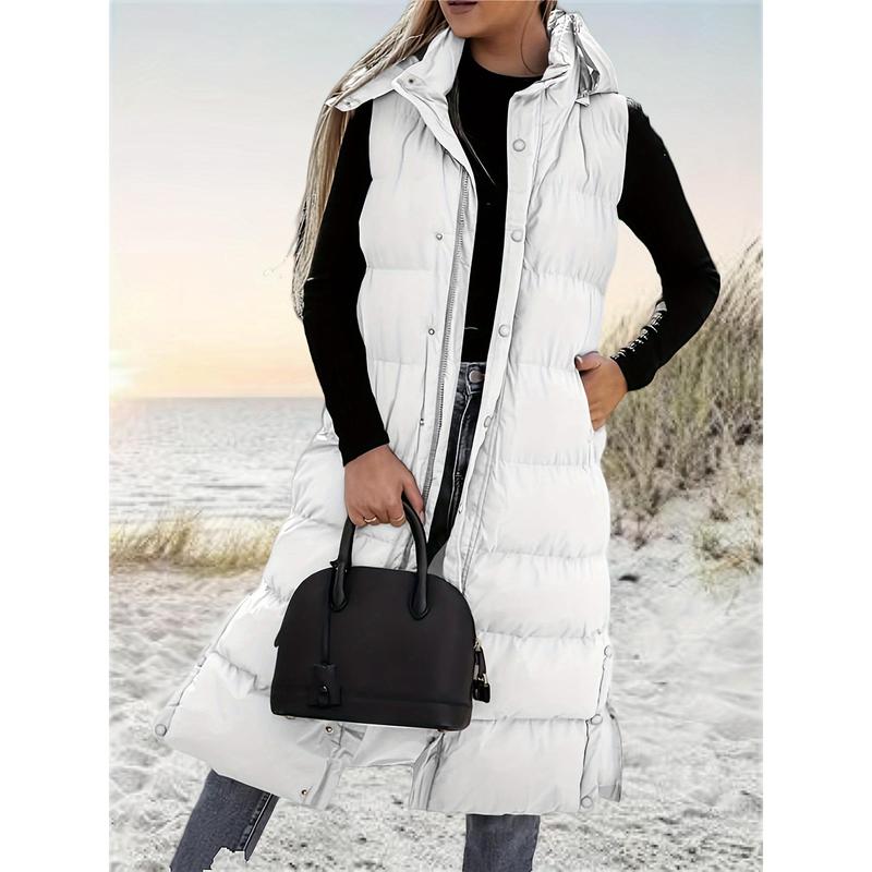 Women's Long Quilted Hooded Vest Sleeveless Button Fluffy down Jacket Cotton Cushion Jacket Winter Coat