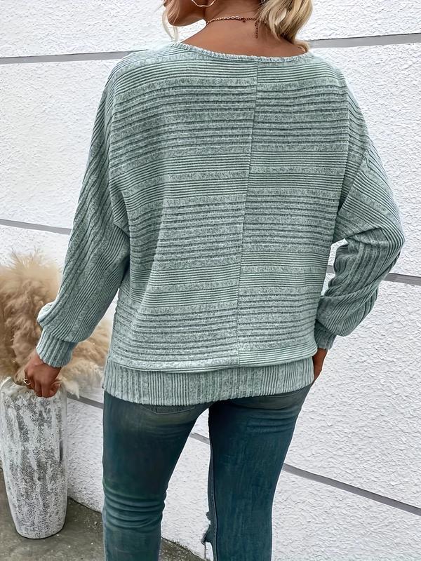  Solid Color Jacquard Batwing Sleeve Pullover Sweater, Elegant Fashion Casual Crew Neck Jumper for Daily Outdoor Wear, Women Clothing for Fall & Winter